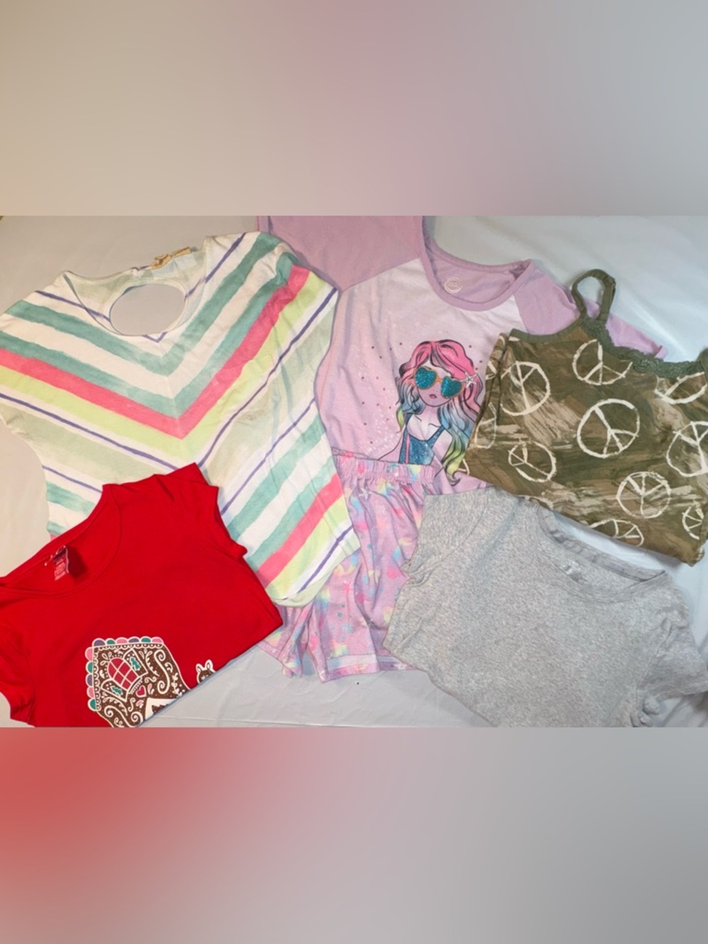Bundle: Striped Tee, Peace Tank, Gray Tee, Gingerbread Tee,& Mermaid Shortie PJs